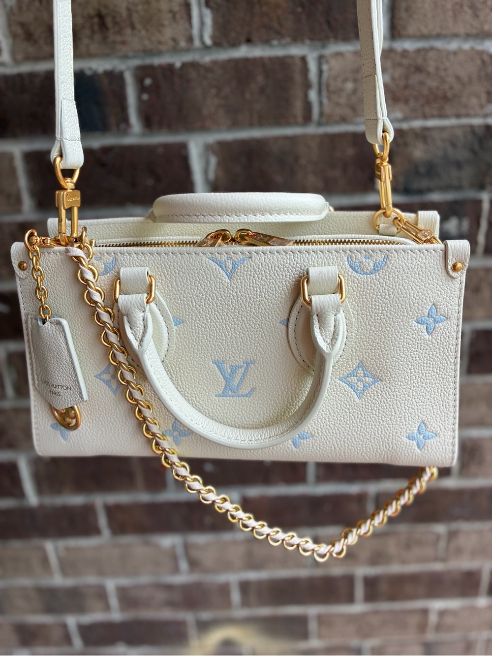 Cream & Light Blue Mini Handbag with Gold Chain